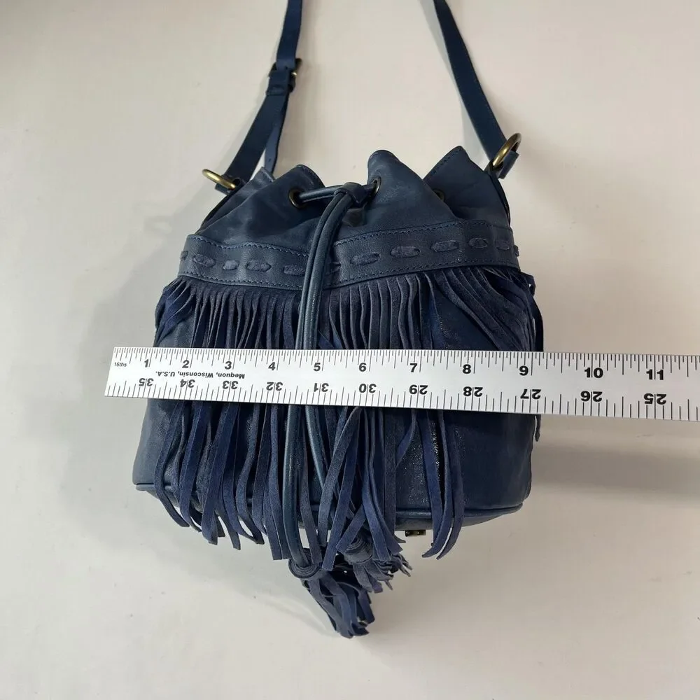 Johnny Was Leather Bucket Bag Womens Small Blue Fringe Boho Crossbody Italy Made